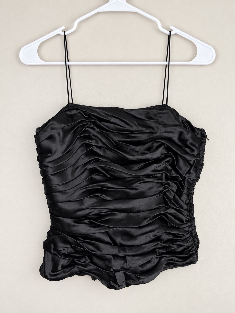 Vintage Black Tie Black Silk Ruched Corset Cami Top Size 8 Y2K Satin Bustier